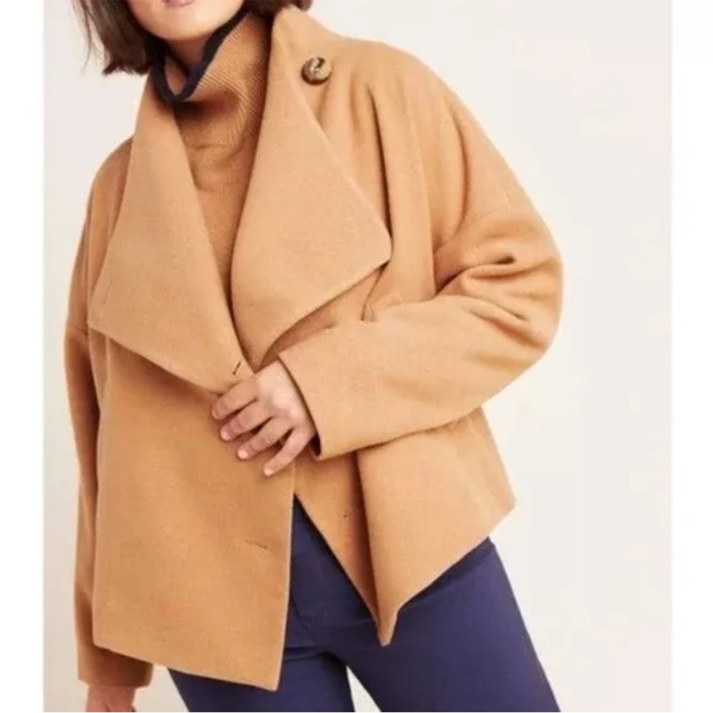 Anthropologie Sascha Asymmetrical Jacket Camel Button Up Coat Womens Large - Picture 2 of 7